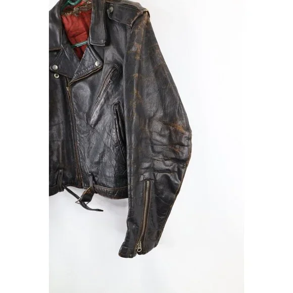 Vintage 50s 38 Thrashed Horsehide Leather Belted Motorcycle Jacket Dark Brown